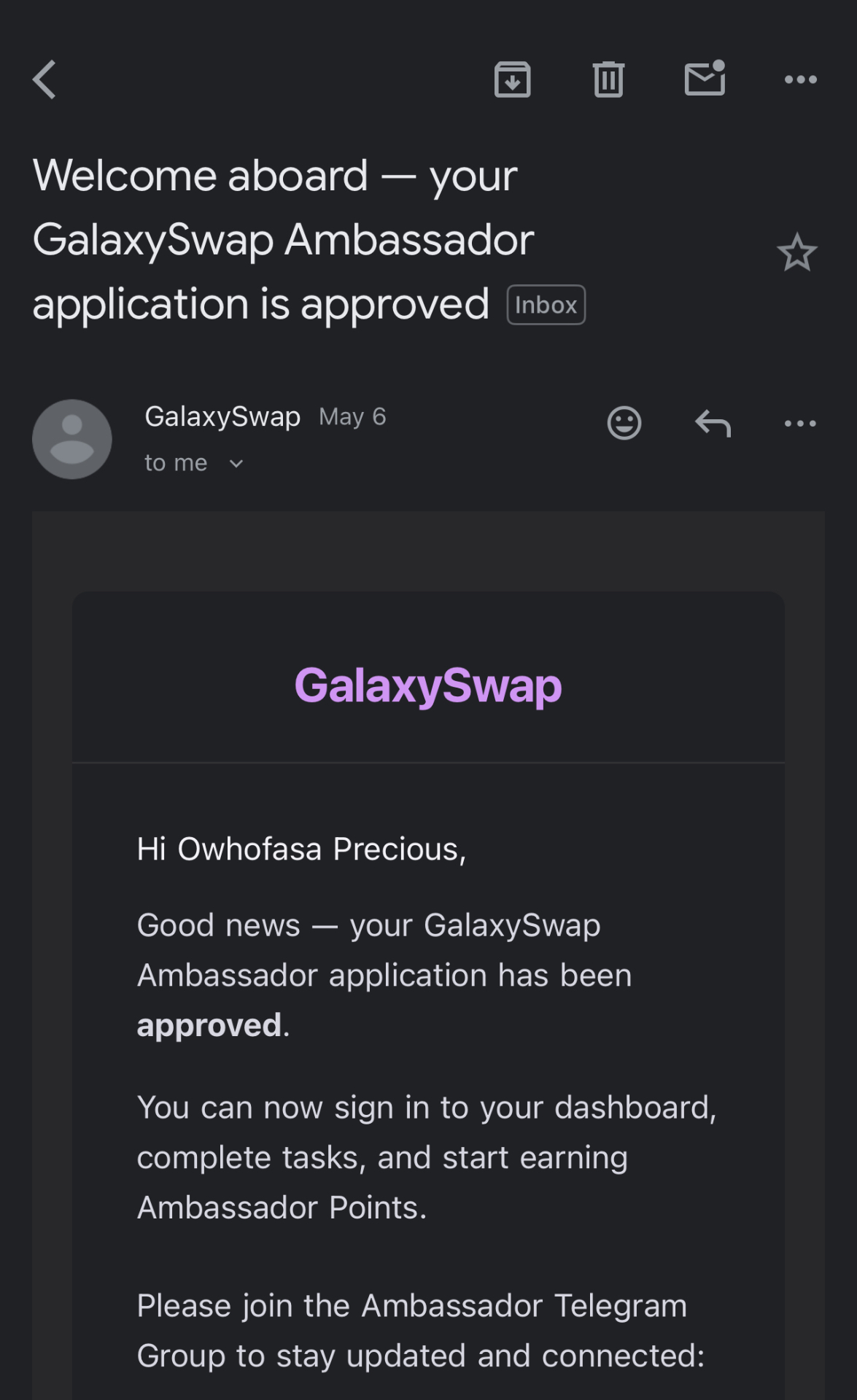 GalaxySwap Labs ambassador approval